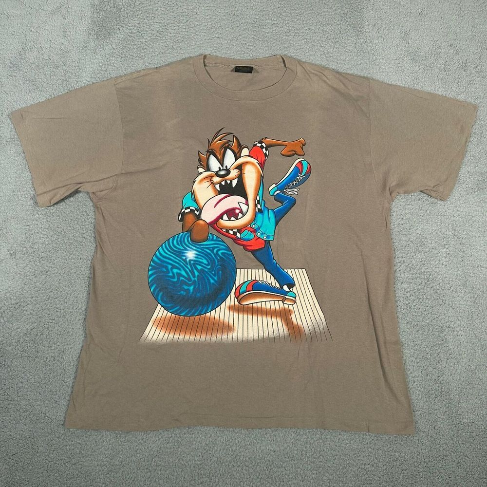 Vtg Taz Tasmanian Devil Shirt Adult XL Tan Brown Bowling‎ Earth Tone Changes 90s